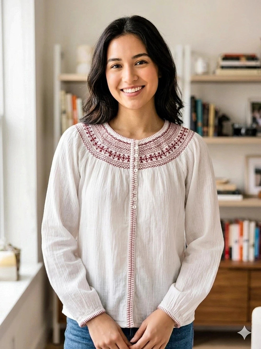 Madewell Top Blouse Womens Sz XS White Embroidered Crinkle Cotton Peasant Boho